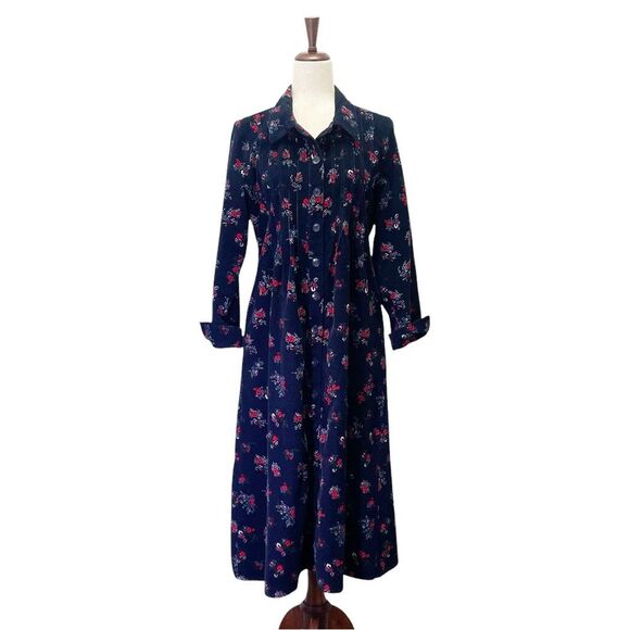 Vermont Country Store Pintuck Cotton Corduroy Dress Navy Blue Floral Size Medium - Picture 3 of 15